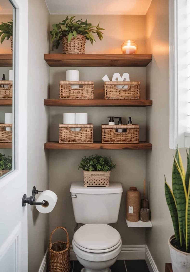 Three Walnut Shelves Above the Toilet: The Bathroom Storage Idea That Changes Everything