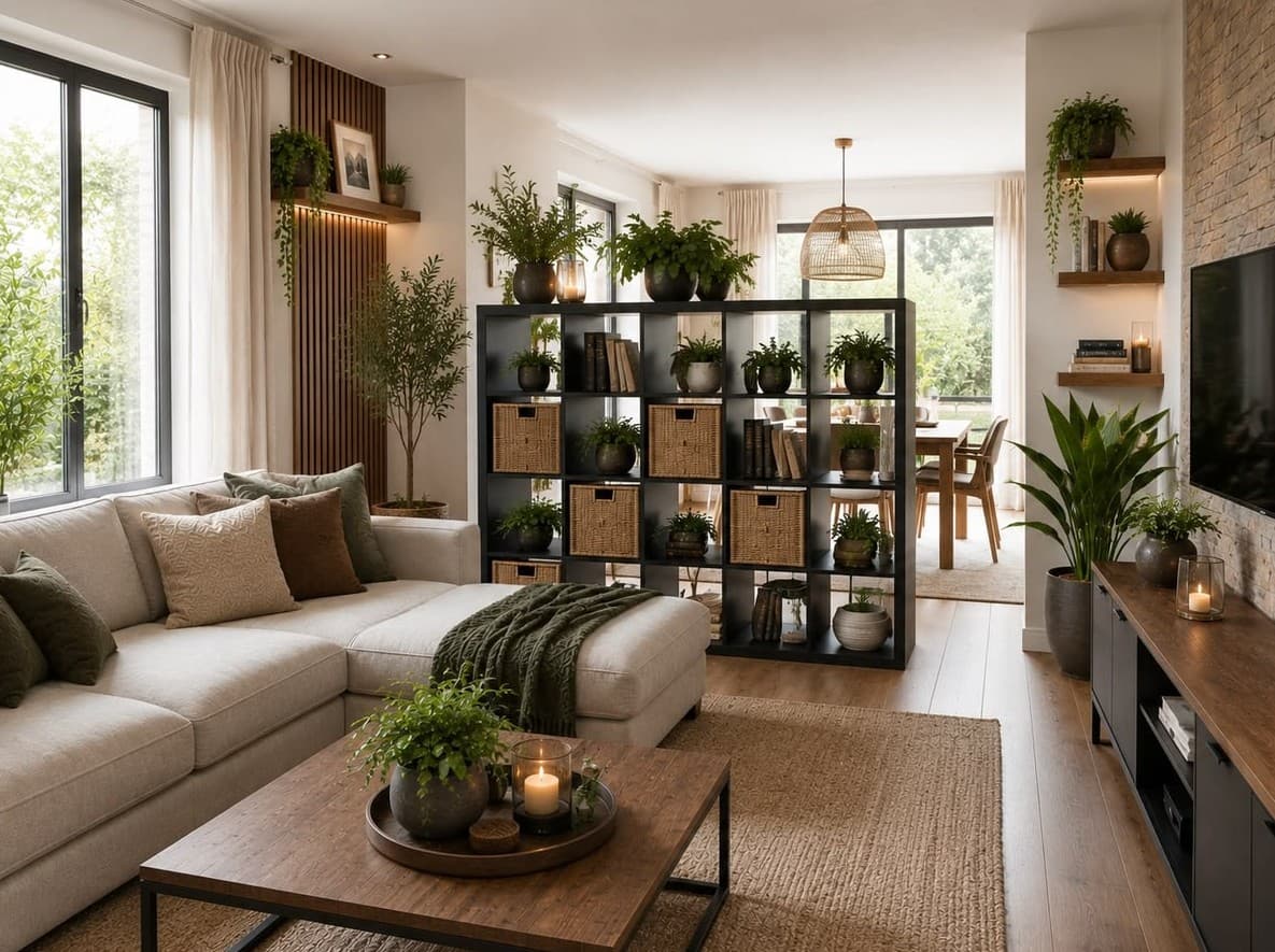 Open Plan Living: How a Plant-Filled Shelf Divider Transforms a Small Space