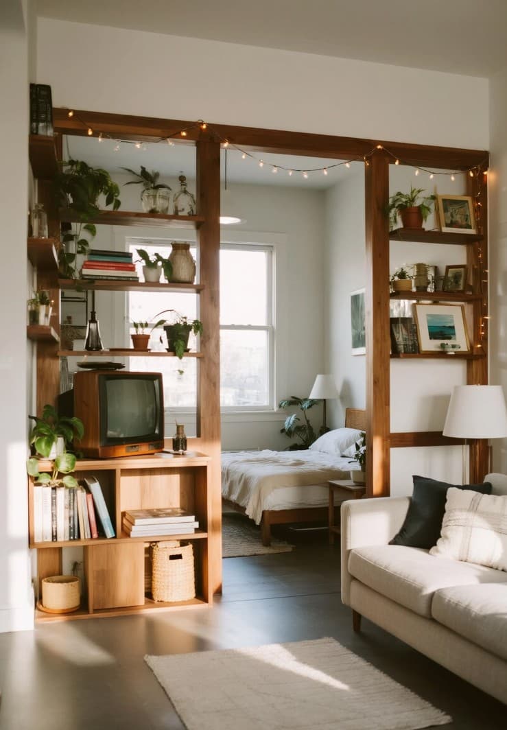 Vintage Studio Living: How to Use a Wood-Frame Divider With String Lights