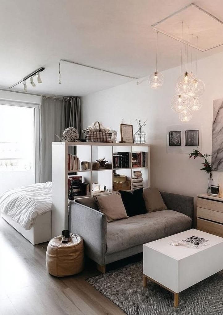 Studio With Shelf Divider and Bubble Pendant: A Small Space That Gets Everything Right