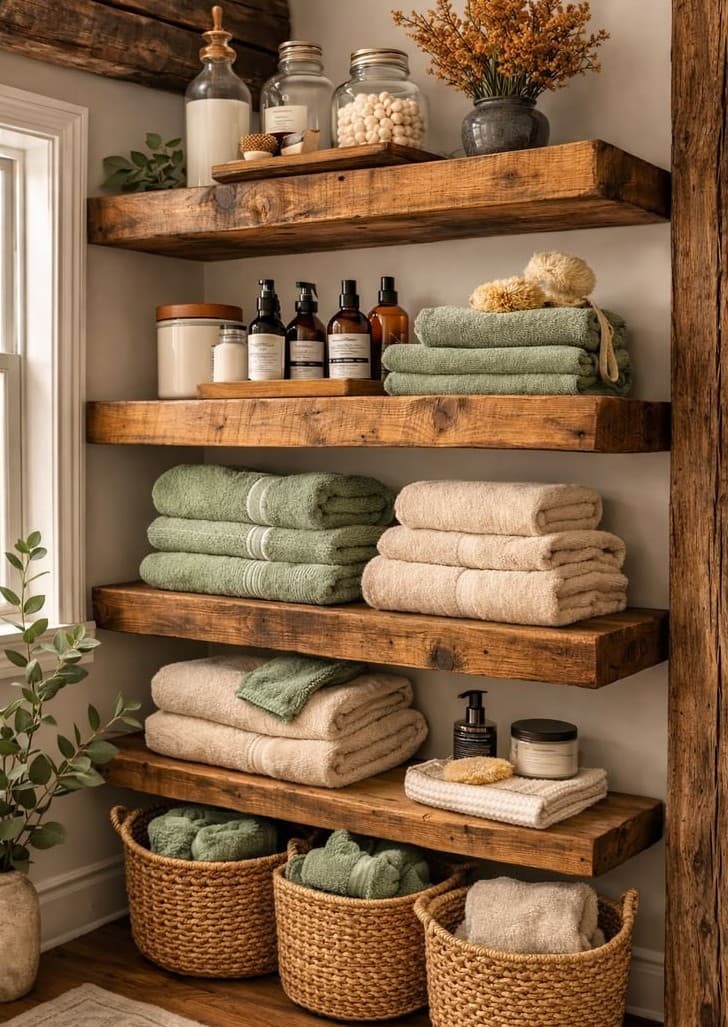 Rustic Bathroom Shelves: How to Style Open Storage Beautifully