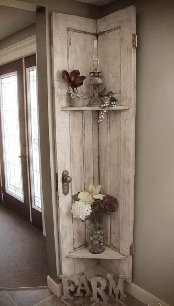 The Corner Door Shelf: How to Turn an Old Door Into a Farmhouse Display Nook