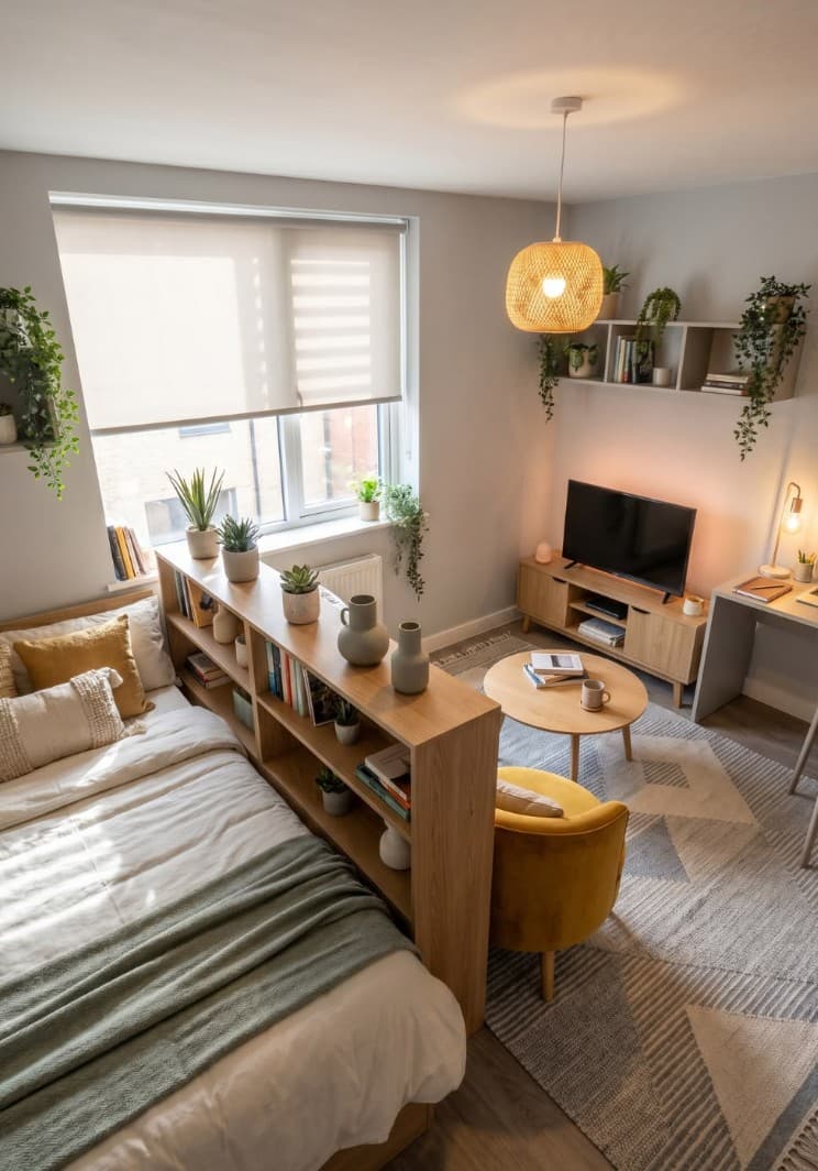 How to Divide a Studio Into Zones: The Oak Shelf, Mustard Sofa Method