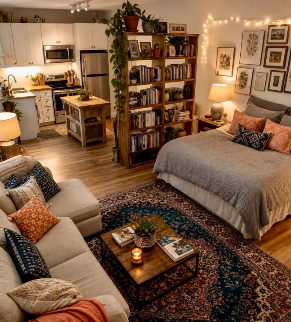 The Lived-In Boho Studio: Books, Persian Rug and String Lights in One Perfect Room